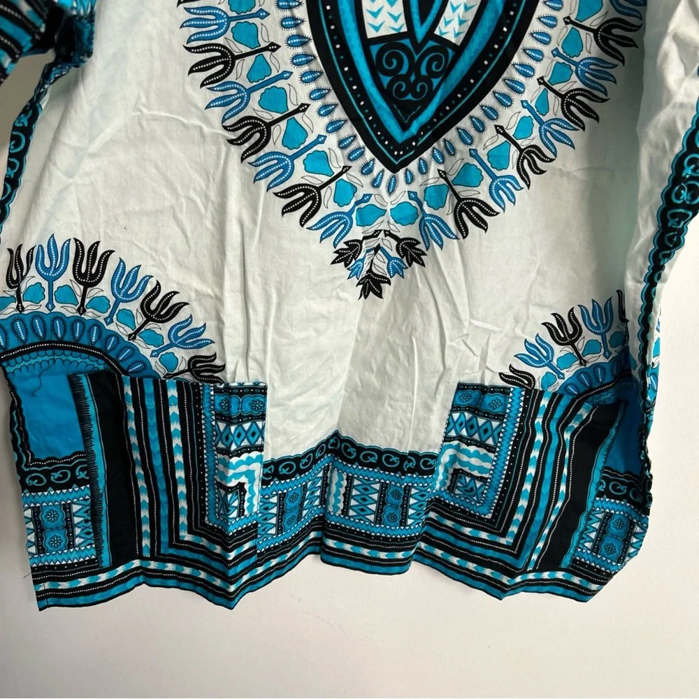 RaanPahMaung Unisex Large Dashki Blue White Pockets Cotton Tribal Short Sleeve‎